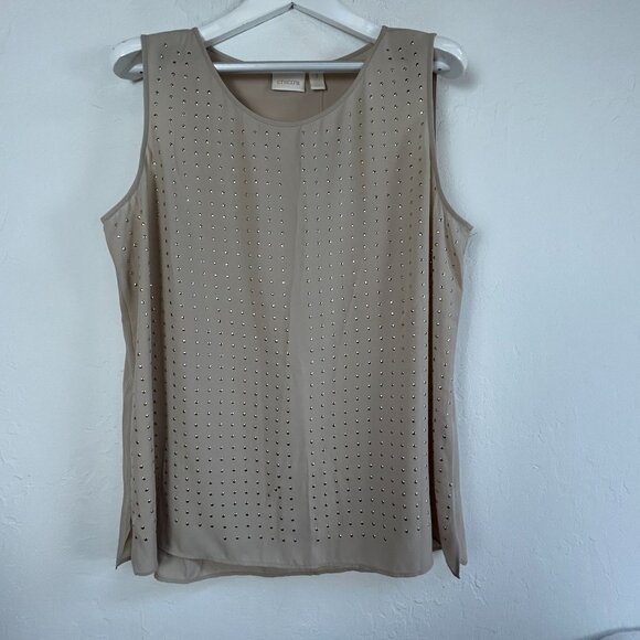 Chico's Womens Khaki Sleeveless Studded Woven Tank Top Size 3 Fashion Blouse New - Picture 1 of 8